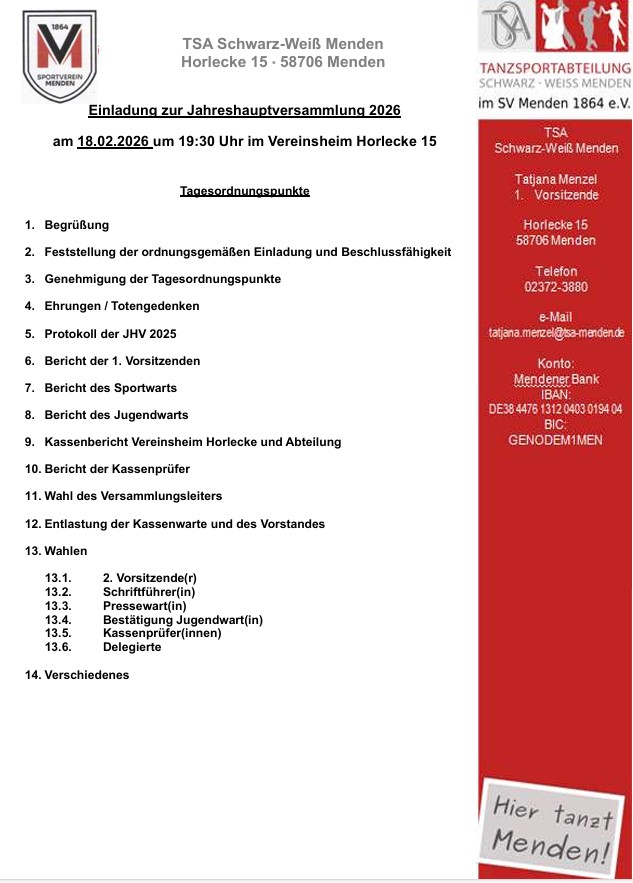 Einladung zur Mitgliederversammlung der Tanzsportabteilung am 18. Februar 2026 